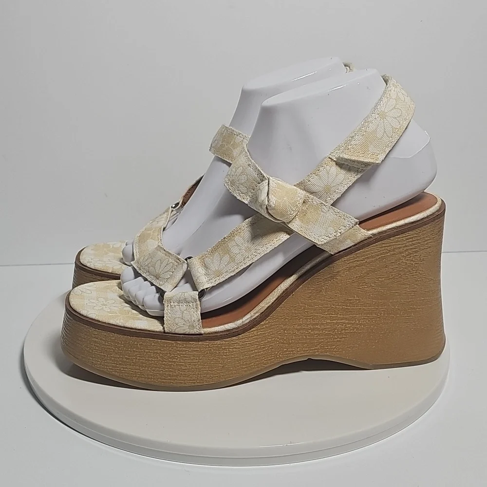 Lucky Brand Demmia Platform Wedge Sandals Daisy Floral Adjustable Yellow 7.5